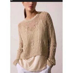 Brochu Walker Cropped Sweater M Tan Linen Blend Alani Knit Coastal Beach Crochet